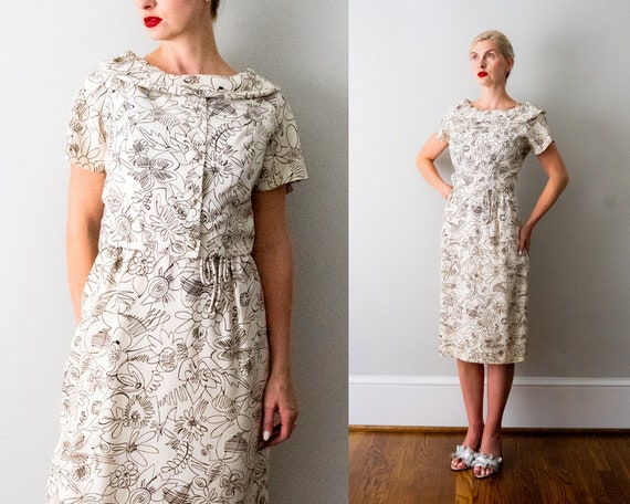 1960's pen and ink print dress. 60 black white sh… - image 1