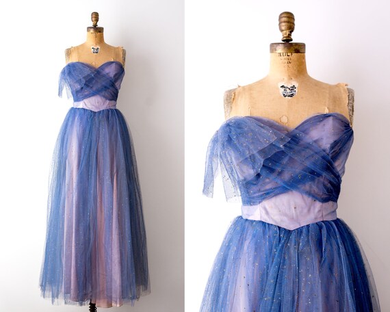 1940’s blue & pink tulle gown. Vintage 40’s strapl