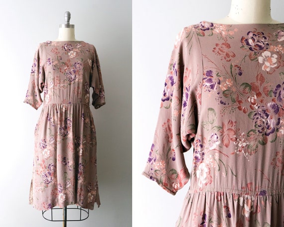 1970's taupe and pink floral dress. vintage 80's … - image 1