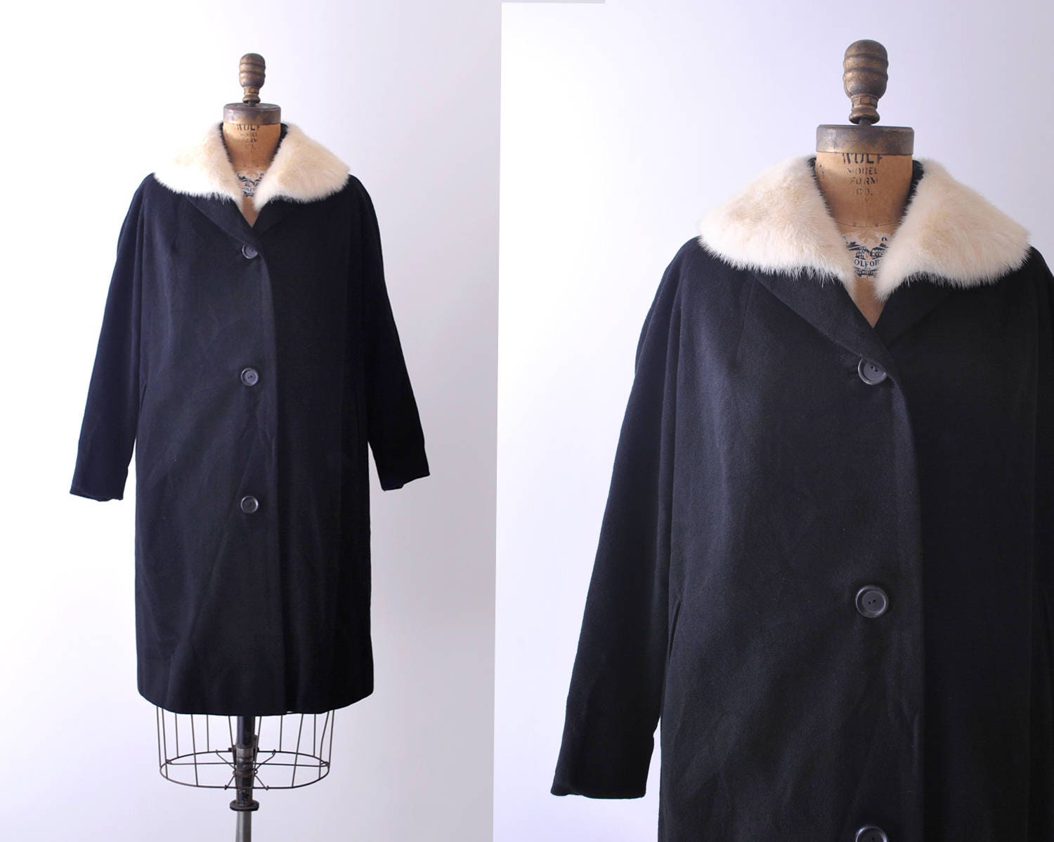 1960s Black Wool Swing Coat with Mink Collar