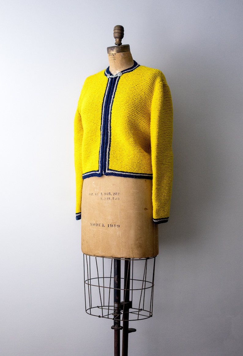 Large sweater yellow 50 vintage sweater Zipper Navy blue 1950\u2019s knit cardigan chunky.