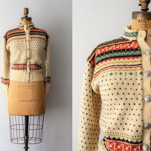 1960's fair isle cardigan. 60's wool knit cardigan. cream brown green tan. small. Norwegian knit. 70's