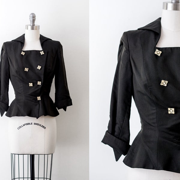 1950’s Don Loper blazer. Vintage 50’s black jacket with crystal buttons. Couture. Xs cocktail. Silk.