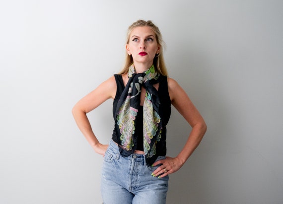 40's black and pastel scarf. vintage 1940 floral … - image 6