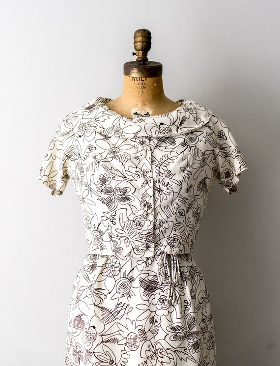 1960's pen and ink print dress. 60 black white sh… - image 2