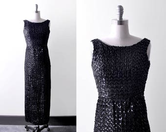 1950's sequin dress. bombshell. 50 black dress. pinup. long. s. 60's wiggle dress.