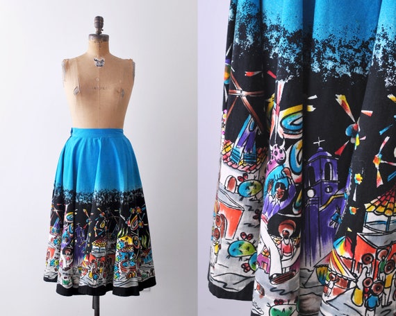 50's mexican painted skirt. 1950's full skirt. blu