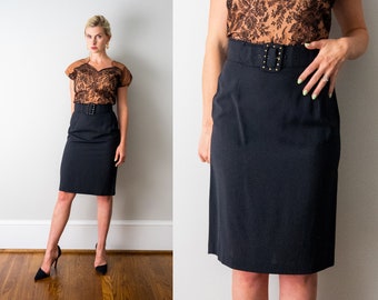 80's black pencil skirt. 1980 rayon skirt. gold studded belt. small.