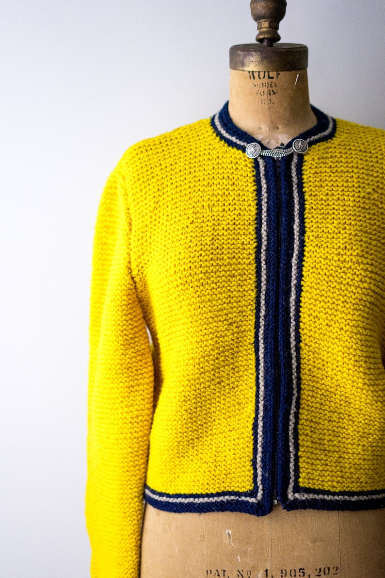 Large sweater yellow 50 vintage sweater Zipper Navy blue 1950\u2019s knit cardigan chunky.