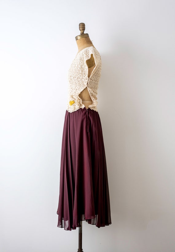 40's burgundy dress. 1940 lace dress. cream & red… - image 9