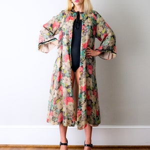 RARE 1930's floral chiffon robe. vintage 30's black and pink print robe. silk chiffon. kimono. flower print. vibrant colors. image 2