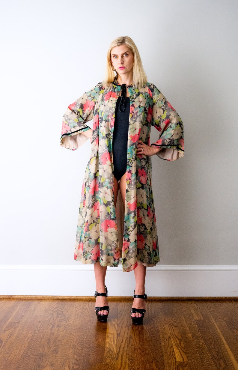 RARE 1930's floral chiffon robe. vintage 30's black and pink print robe. silk chiffon. kimono. flower print. vibrant colors. image 2