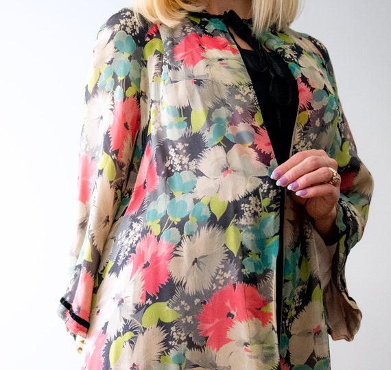 RARE 1930's floral chiffon robe. vintage 30's bla… - image 7