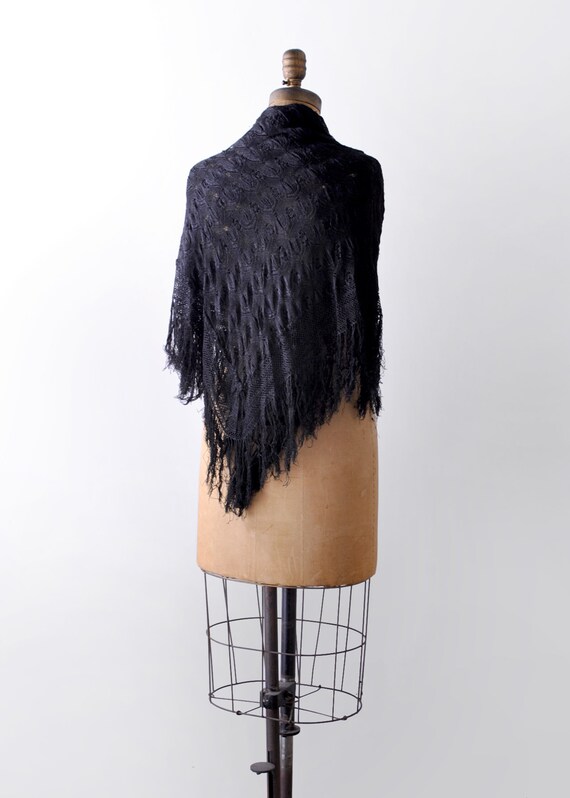 Black vintage shawl. Tassel fringe edge. Silk Pia… - image 2