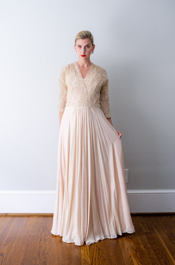 cream colored formal dresses Buff Cream Wedding Dress| Wedding Gowns L / Cream / Lace