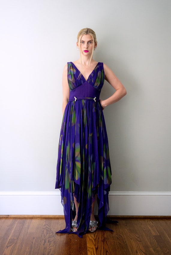 1960's purple chiffon gown. 60's watercolor flora… - image 3