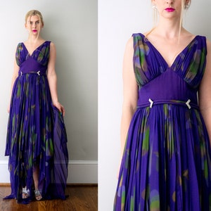 1960&#39;s purple chiffon gown. 60&#39;s watercolor floral dress. m. psychedelic flower print. vintage.
