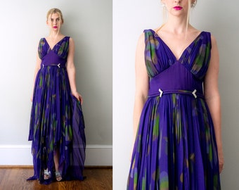 1960&#39;s purple chiffon gown. 60&#39;s watercolor floral dress. m. psychedelic flower print. vintage.