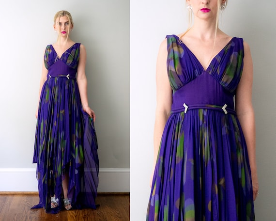 1960's purple chiffon gown. 60's watercolor flora… - image 1