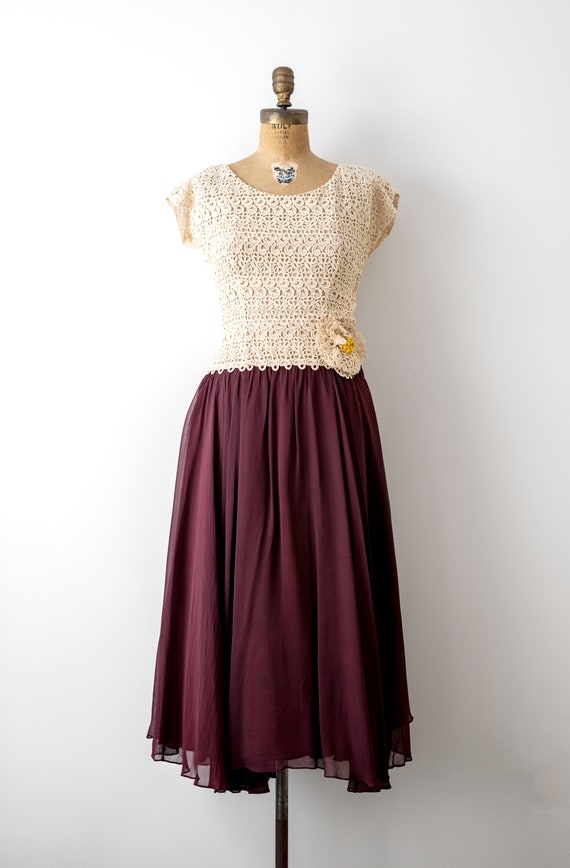 40's burgundy dress. 1940 lace dress. cream & red… - image 2