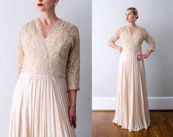 1960's Cream Pink Chiffon Gown. vintage 60's champagne lace dress. m. rhinestones. pleated. evening gown.