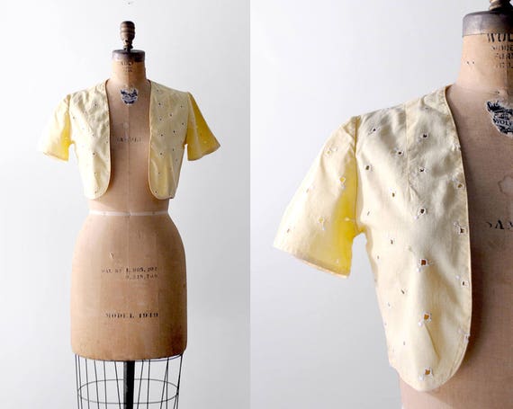 30's bolero. yellow. 1930 eyelet top. pastel. whit