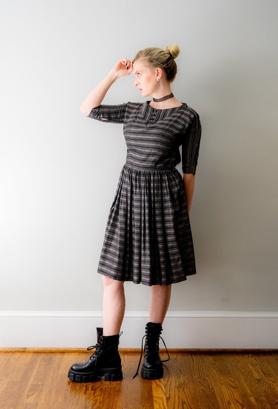 Vintage 60s Striped Dress. 1960 Silver Black Dress. Full Skirt Pleated. Gray. Silk. Small. 50s Xs. Etsy UK