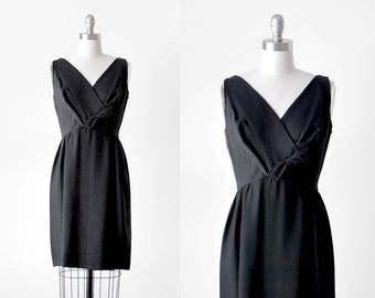 60's black crepe dress. bow. 1960 cocktail dress. mini. small.