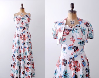 30's floral dress. 1930 maxi dress. cotton watercolor print dress. white, orange, blue. small.