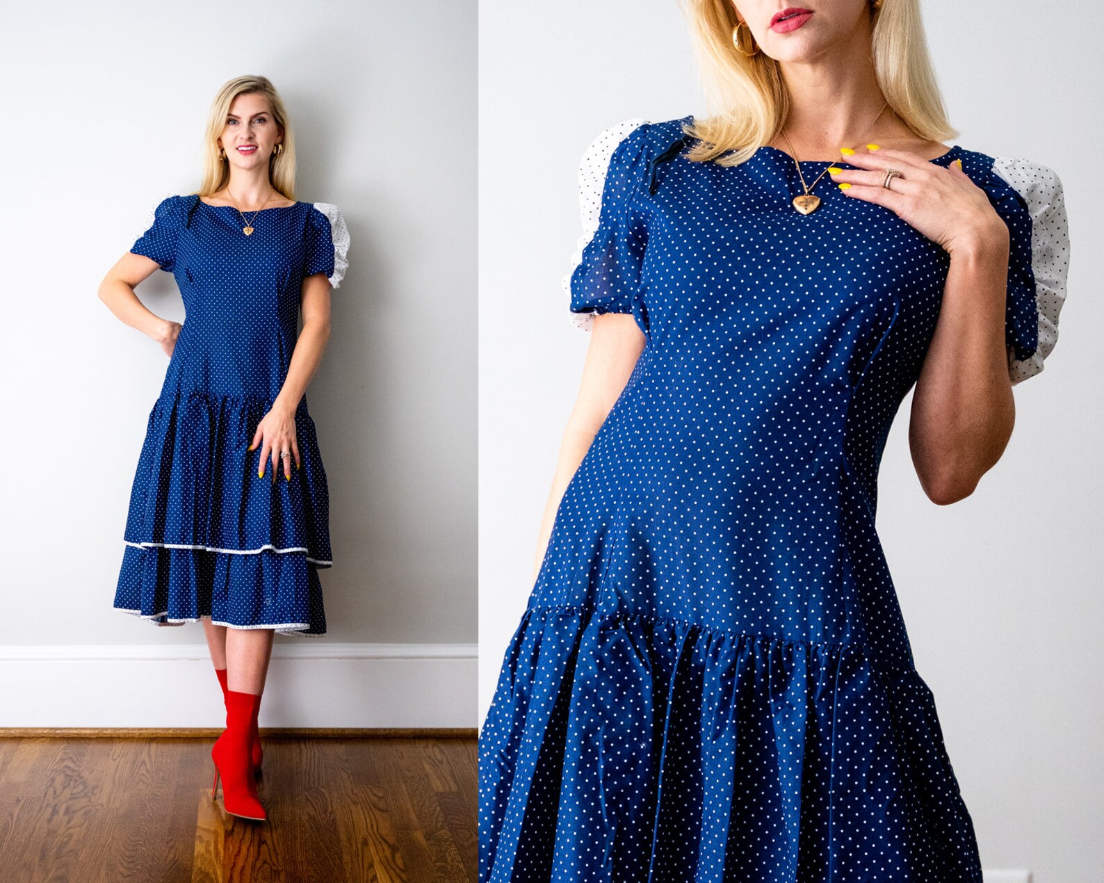 Vintage 80's blue polka dot dress M L