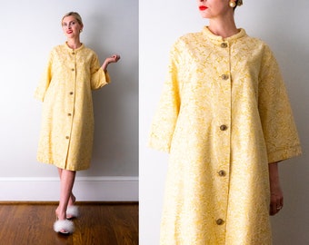 1960's mod yellow coat. vintage 60 shift coat. yellow white brocade floral. collar. buttons. large.