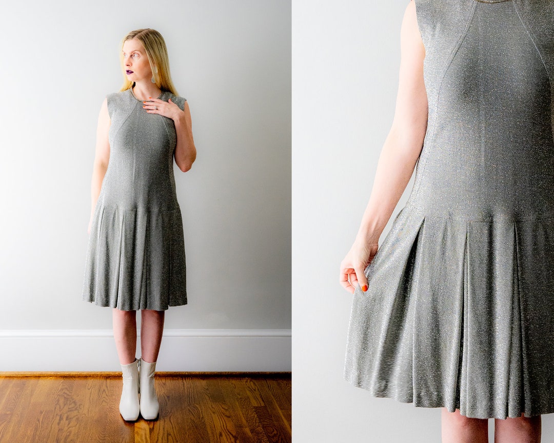 60 Metallic Dress. Silver Scooter Dress. 1960's M Dress. Etsy