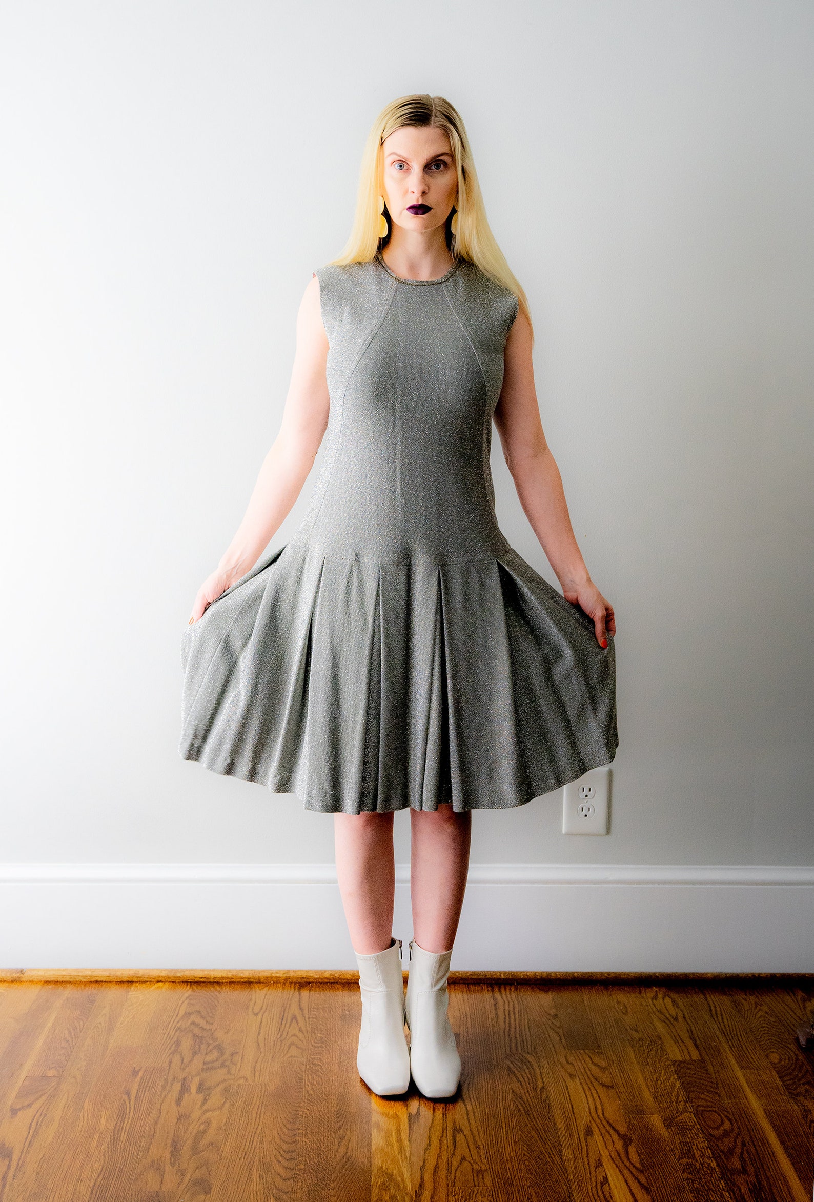 60 Metallic Dress. Silver Scooter Dress. 1960's M Dress. Etsy