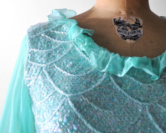 60 sequin top. s. 1960's green blouse. beaded. ch… - image 2