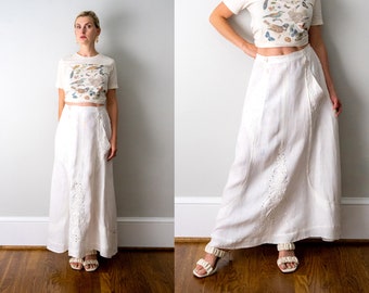 1910's Long Linen Skirt. Antique white skirt. m. 1910 embroidered skirt. s. floral eyelet