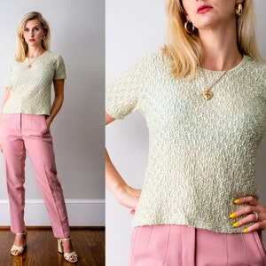 Y2K mint green pucker top. small. 1990&#39;s textured lace blouse. pastel green. m. short sleeves.