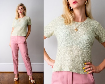 Y2K mint green pucker top. small. 1990's textured lace blouse. pastel green. m. short sleeves.