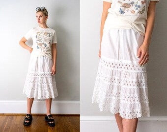 1910's white slip. Edwardian cotton slip skirt. eyelet lace. bright white. drawstring waist.