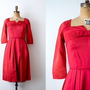 1960 red cocktail dress. Vintage 60&#39;s satin dress. scarlet red pinup dress with bow. small.