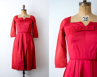 1960 red cocktail dress. Vintage 60's satin dress. scarlet red pinup dress with bow. small.