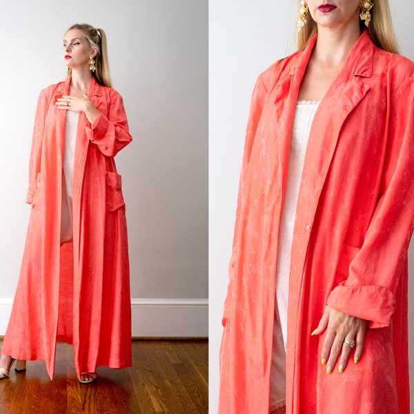 1950's hot pink silk robe. vintage 50s jacquard robe. coral dress gown. pockets. barbara lee. hong kong. 40's