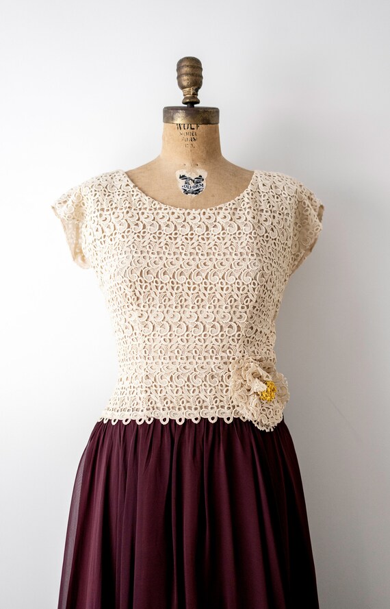 40's burgundy dress. 1940 lace dress. cream & red… - image 3