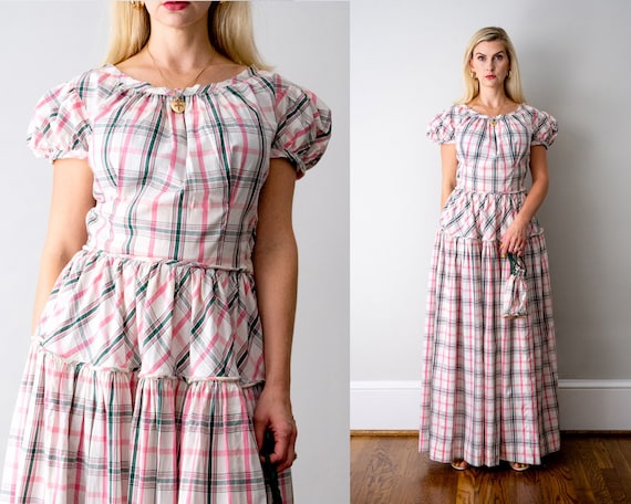 1940's pink green and white plaid gown. vintage 4… - image 1