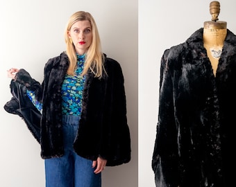 1940's black fur cape. vintage 40 sheared fur coat. beaver fur. sleeved cape. shawl. m. l.