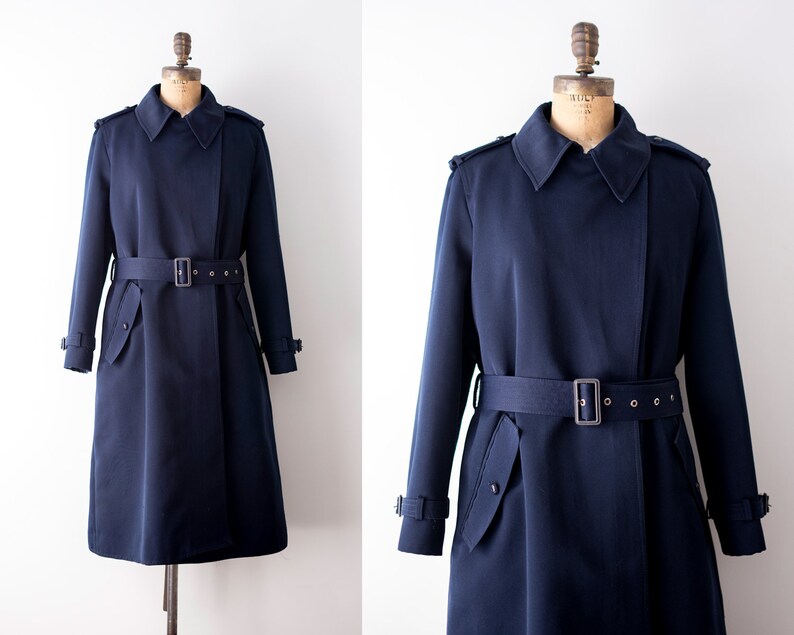 Belt Military style Rain coat polyester 1970 trench coat XL Vintage 70\u2019s navy blue coat