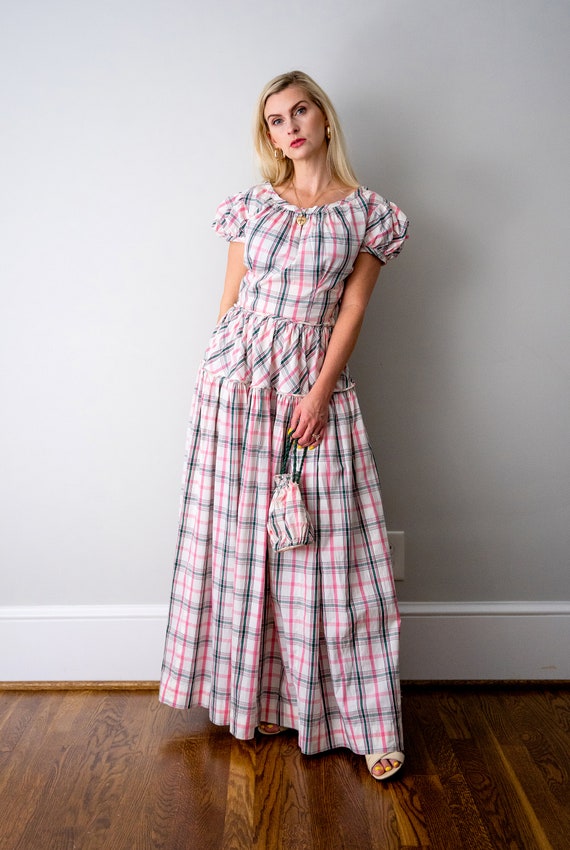 1940's pink green and white plaid gown. vintage 4… - image 8