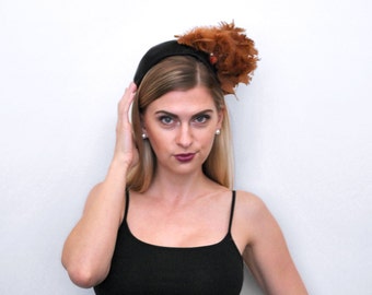 1930&#39;s feather hat. black satin. 30&#39;s brown hat. feathered. asymmetrical. vintage. flapper.