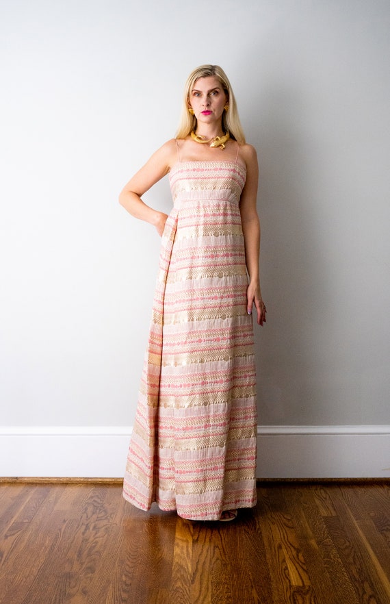 1960 metallic dress. 60's evening gown. pink & go… - image 6