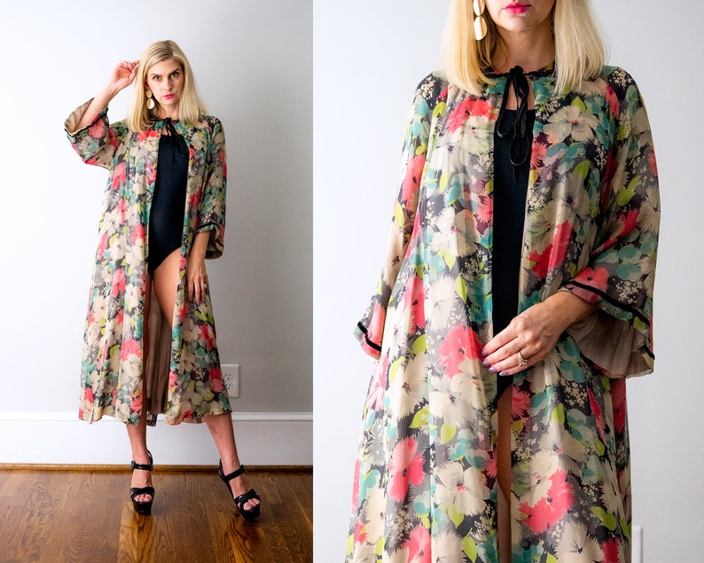 RARE 1930's floral chiffon robe. vintage 30's black and pink print robe. silk chiffon. kimono. flower print. vibrant colors. image 1