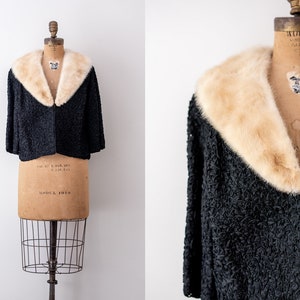 Vintage 1950 black & mink coat. 50’s cream fur coat. Black ribbon soutache. cropped. Cream mink. L